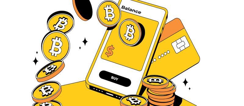 Ilustração de moedas de bitcoin, celular e cartão Ilustração de moedas de bitcoin, celular e cartão
