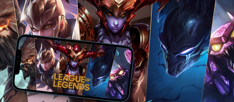 Montagem com campeões do LOL em tela de celular