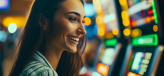 Mulher sorrindo em frente a máquina de slot