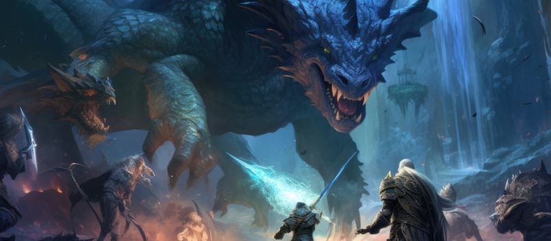 Dragão atacando guerreiros em jogo